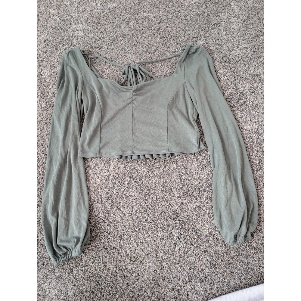 Kirios Los Angeles‎ Sage Green Ribbed Sweetheart Balloon Sleeve Crop Top Medium